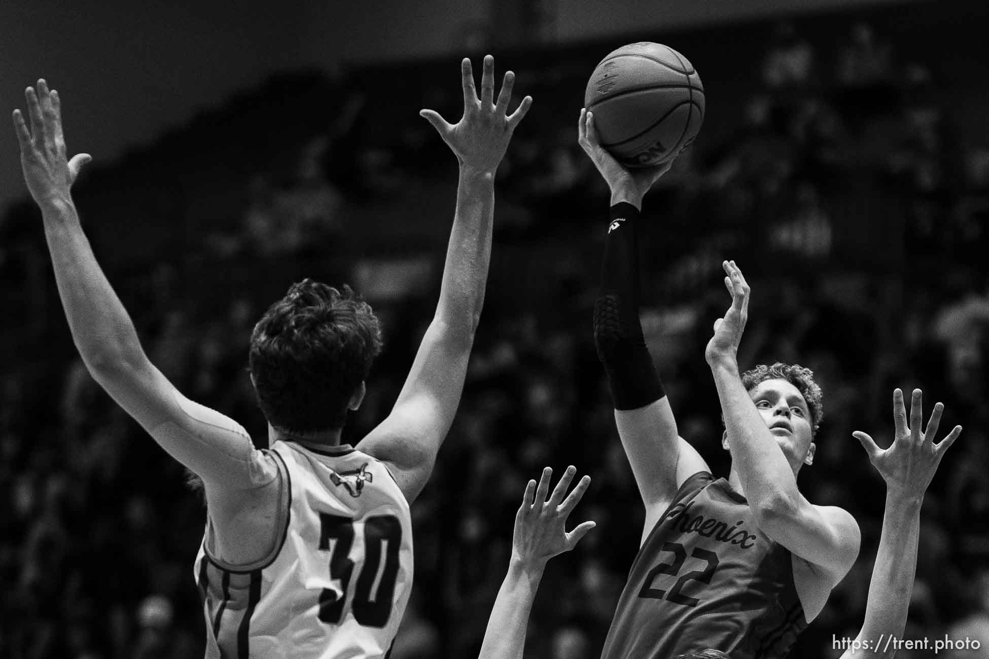 (Trent Nelson  |  The Salt Lake Tribune) Farmington's Truman Hendry shoots the ball as Lehi faces Farmington High School in the 5A boys basketball state championship game, in Taylorsville on Saturday, March 6, 2021.