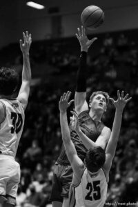 (Trent Nelson  |  The Salt Lake Tribune) Farmington's Truman Hendry shoots the ball as Lehi faces Farmington High School in the 5A boys basketball state championship game, in Taylorsville on Saturday, March 6, 2021.