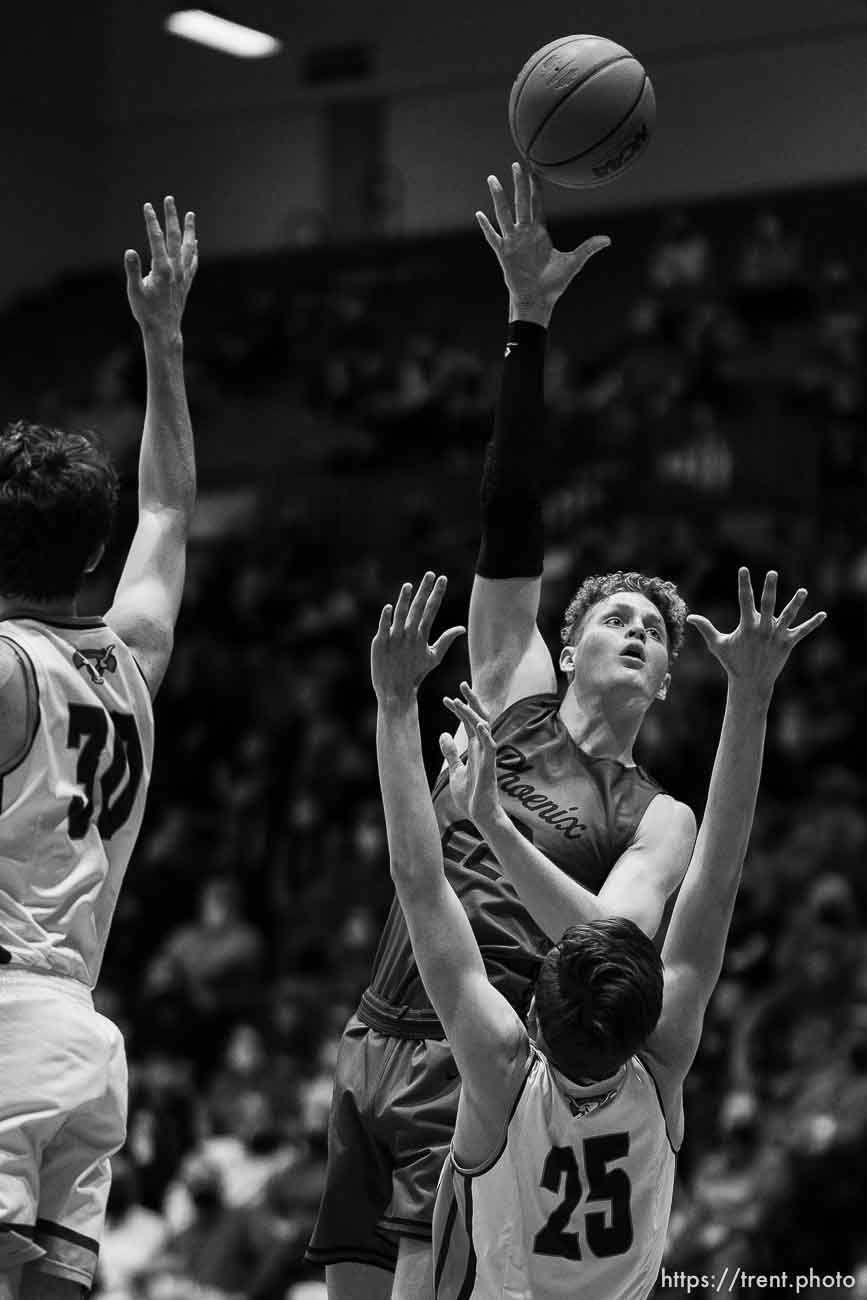 (Trent Nelson  |  The Salt Lake Tribune) Farmington's Truman Hendry shoots the ball as Lehi faces Farmington High School in the 5A boys basketball state championship game, in Taylorsville on Saturday, March 6, 2021.