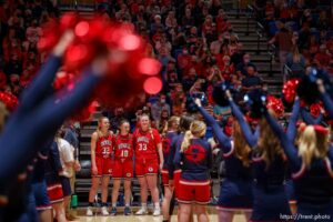 (Trent Nelson  |  The Salt Lake Tribune) 
as Springville faces Farmington High School in the 5A girls basketball state championship game, in Taylorsville on Saturday, March 6, 2021.  Lauryn Deede, Kayla Porray, Addisyn Johnson