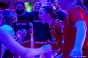 (Trent Nelson  |  The Salt Lake Tribune) Springville's Kayla Porray fires up the team as Springville faces Farmington High School in the 5A girls basketball state championship game, in Taylorsville on Saturday, March 6, 2021.