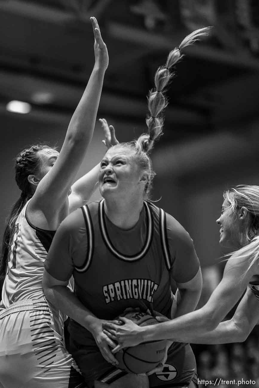(Trent Nelson  |  The Salt Lake Tribune) as Springville faces Farmington High School in the 5A girls basketball state championship game, in Taylorsville on Saturday, March 6, 2021.  Addisyn Johnson defended by Delaney Baker