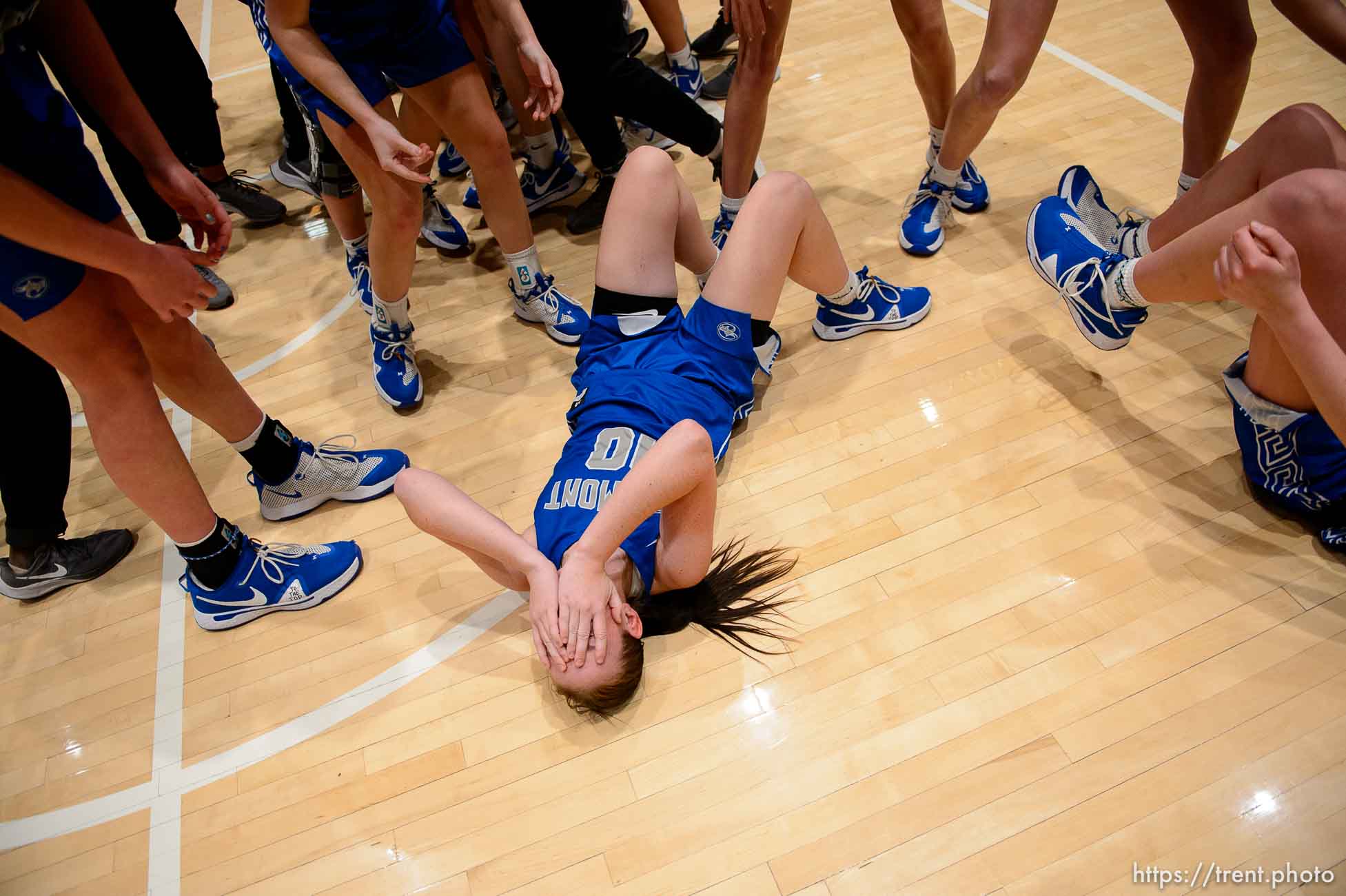 (Trent Nelson  |  The Salt Lake Tribune) Fremont's Kallin Freestone celebrates as Fremont defeats Herriman High School in the 6A girls basketball state championship game, in Taylorsville on Saturday, March 6, 2021.