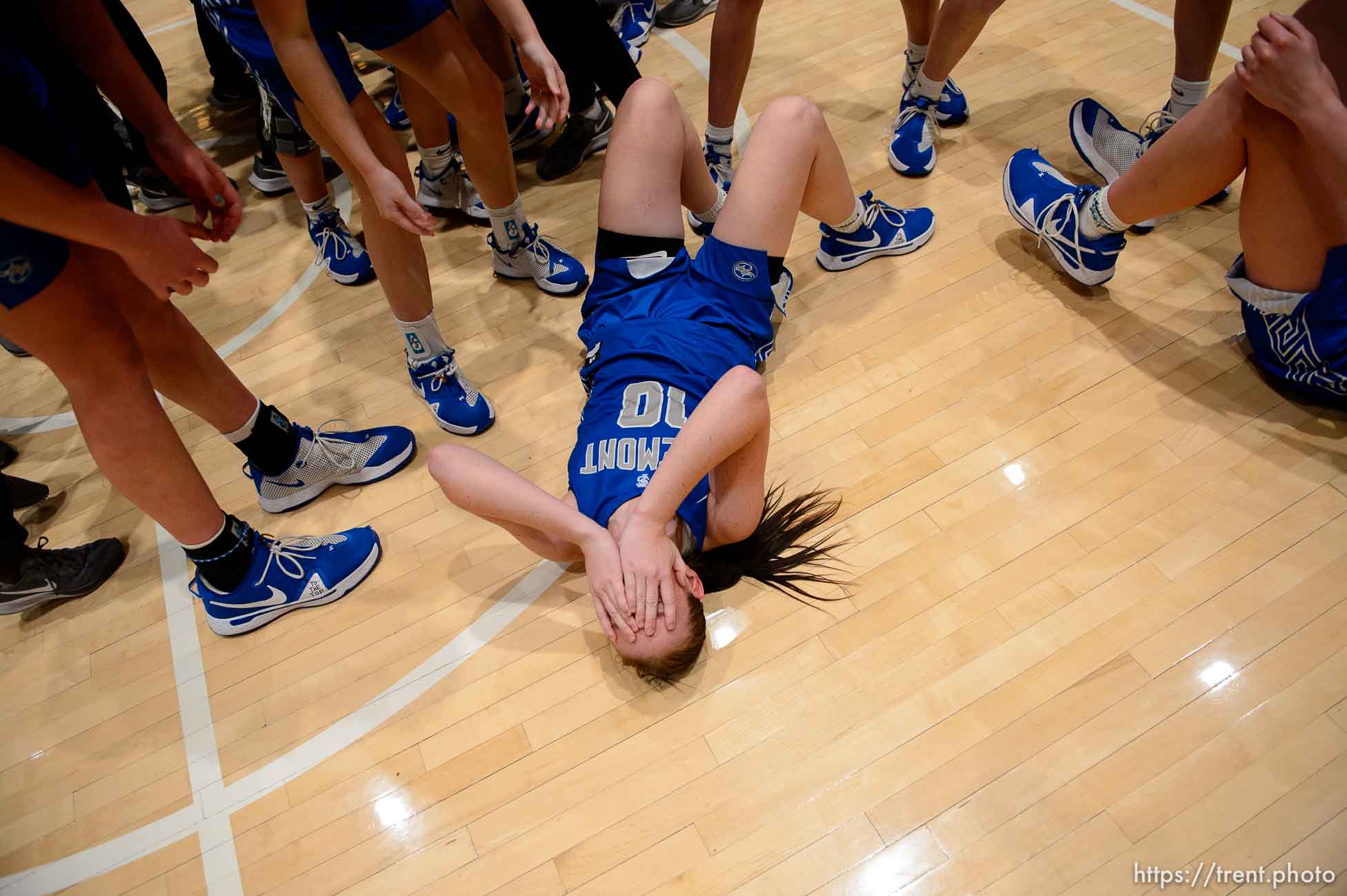 (Trent Nelson  |  The Salt Lake Tribune) Fremont's Kallin Freestone celebrates as Fremont defeats Herriman High School in the 6A girls basketball state championship game, in Taylorsville on Saturday, March 6, 2021.