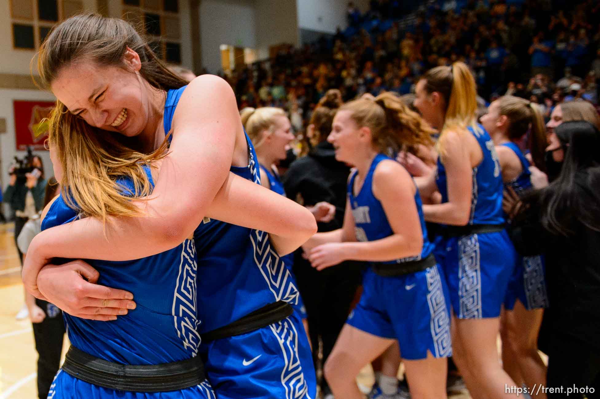 (Trent Nelson  |  The Salt Lake Tribune) Fremont's Emma Calvert celebrates as Fremont defeats Herriman High School in the 6A girls basketball state championship game, in Taylorsville on Saturday, March 6, 2021.