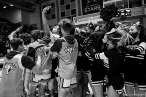 (Trent Nelson  |  The Salt Lake Tribune) Lehi players celebrate a win over Farmington High School in the 5A boys basketball state championship game, in Taylorsville on Saturday, March 6, 2021.