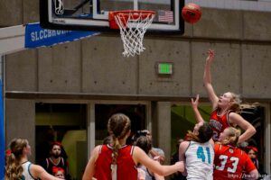 (Trent Nelson  |  The Salt Lake Tribune) Springville's Lauryn Deede scores a buzzer-beater to defeat Farmington High School in the 5A girls basketball state championship game, in Taylorsville on Saturday, March 6, 2021.