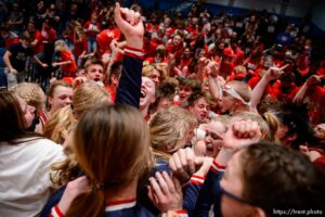 (Trent Nelson  |  The Salt Lake Tribune) Springville players and fans celebrate their win over Farmington High School in the 5A girls basketball state championship game, in Taylorsville on Saturday, March 6, 2021.