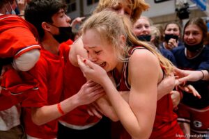 (Trent Nelson  |  The Salt Lake Tribune) Springville's Lauryn Deede celebrates after hitting a buzzer-beater to defeat Farmington High School in the 5A girls basketball state championship game, in Taylorsville on Saturday, March 6, 2021.