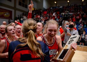 (Trent Nelson  |  The Salt Lake Tribune) Springville's Lauryn Deede celebrates after hitting a buzzer-beater to defeat Farmington High School in the 5A girls basketball state championship game, in Taylorsville on Saturday, March 6, 2021.