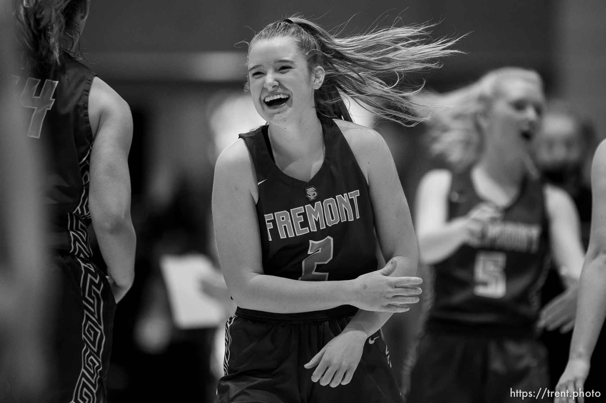 (Trent Nelson  |  The Salt Lake Tribune) Fremont's Halle Duft celebrates as Fremont defeats Herriman High School in the 6A girls basketball state championship game, in Taylorsville on Saturday, March 6, 2021.