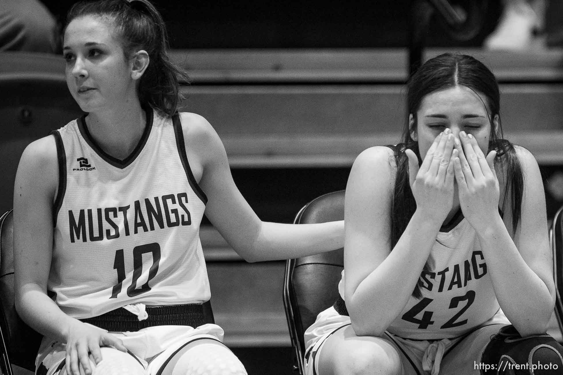 (Trent Nelson  |  The Salt Lake Tribune) Herriman's Mariah Mons and Brianna Dow in the final minutes as Fremont defeats Herriman High School in the 6A girls basketball state championship game, in Taylorsville on Saturday, March 6, 2021.