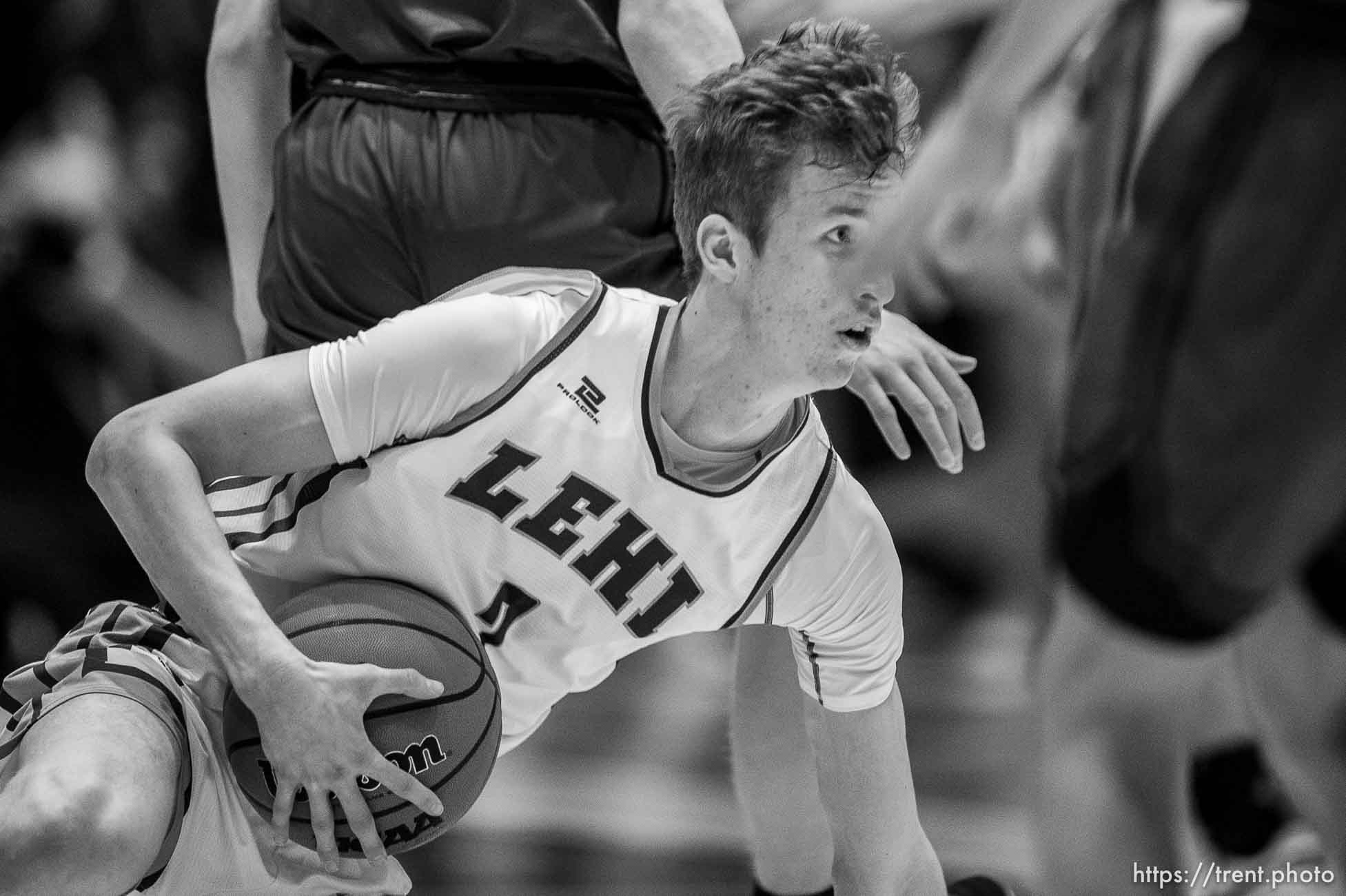 (Trent Nelson  |  The Salt Lake Tribune) Lehi's Tyson Hawkins as Lehi faces Farmington High School in the 5A boys basketball state championship game, in Taylorsville on Saturday, March 6, 2021.