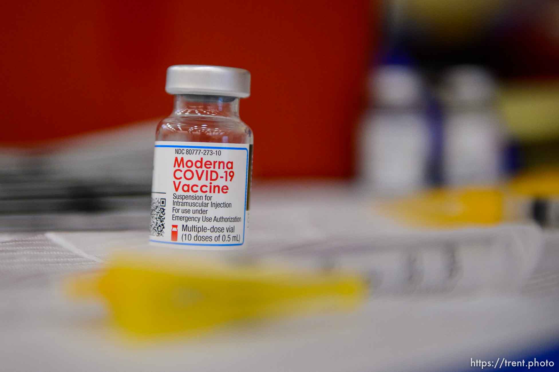 (Trent Nelson  |  The Salt Lake Tribune) A vial of vaccine as teachers and staff of the Canyons School District received their second shots of the Moderna vaccine at Mount Jordan Middle School in Sandy on Thursday, March 11, 2021.