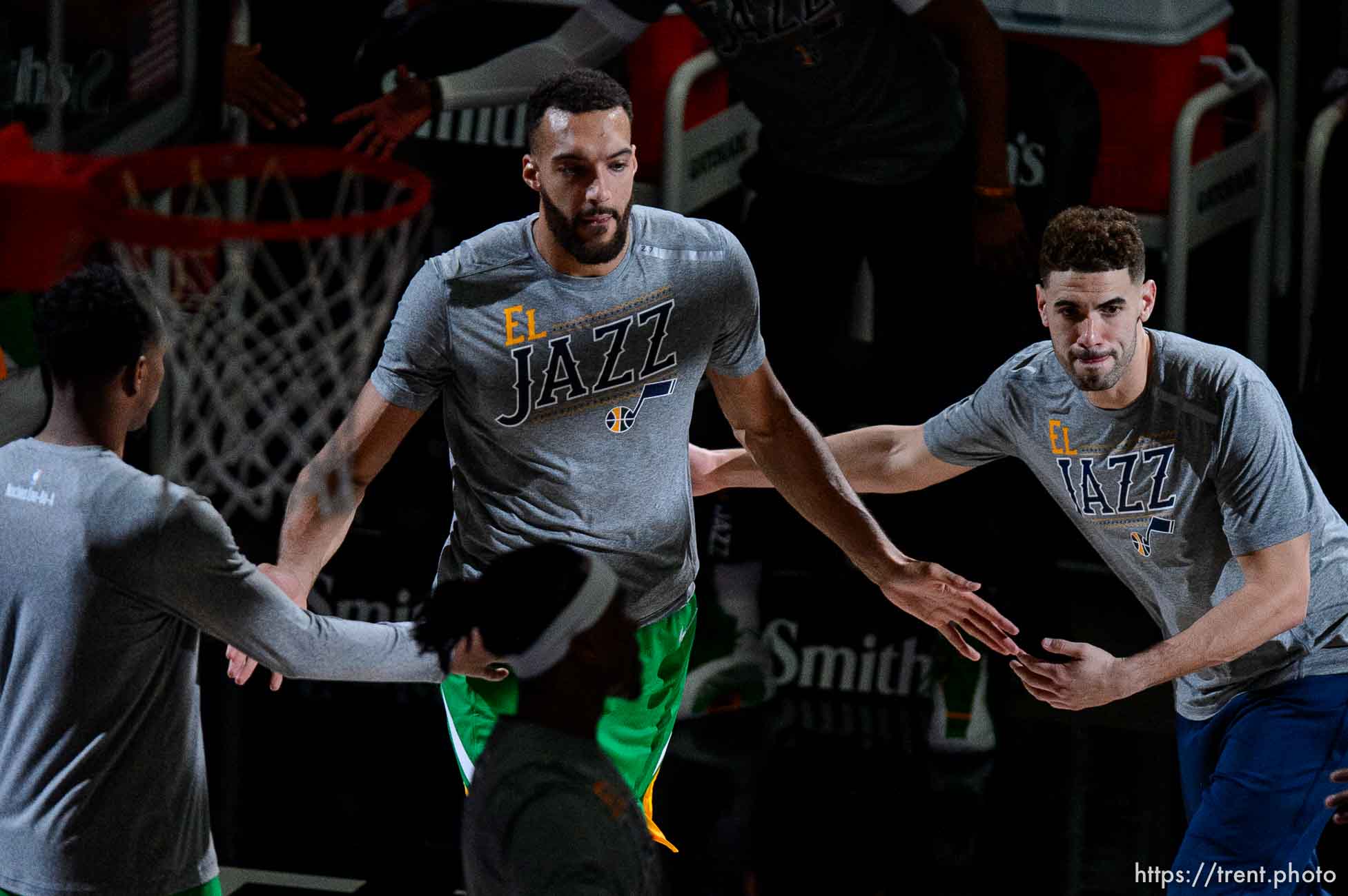 (Trent Nelson  |  The Salt Lake Tribune) Utah Jazz center Rudy Gobert (27) is introduced as the Utah Jazz host the Houston Rockets, NBA basketball in Salt Lake City on Friday, March 12, 2021.