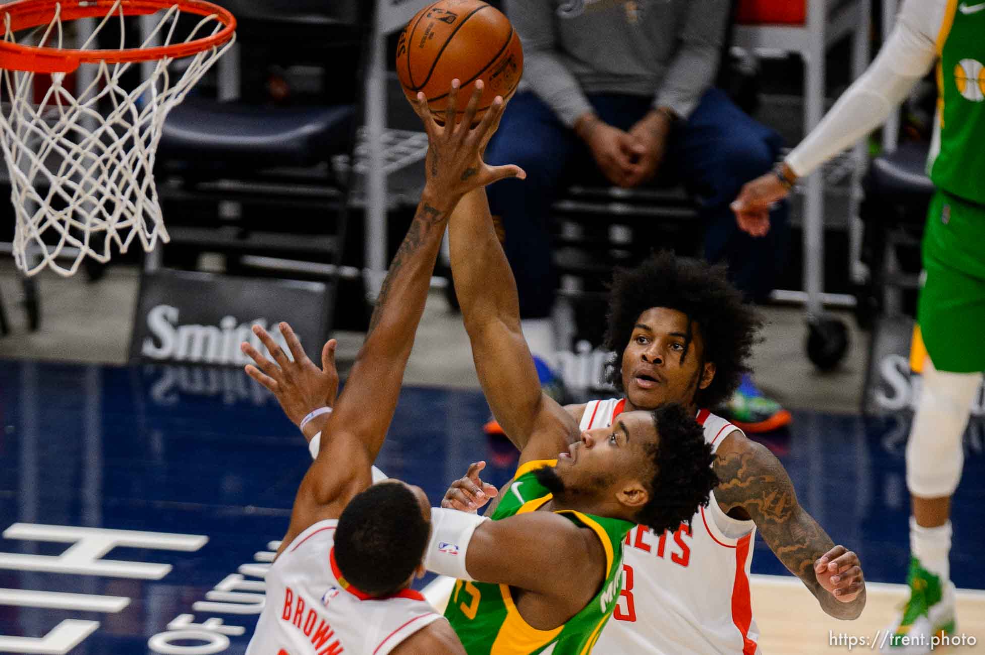 (Trent Nelson  |  The Salt Lake Tribune) Utah Jazz guard Donovan Mitchell (45) drives on Houston Rockets guard Sterling Brown (0) as the Utah Jazz host the Houston Rockets, NBA basketball in Salt Lake City on Friday, March 12, 2021.