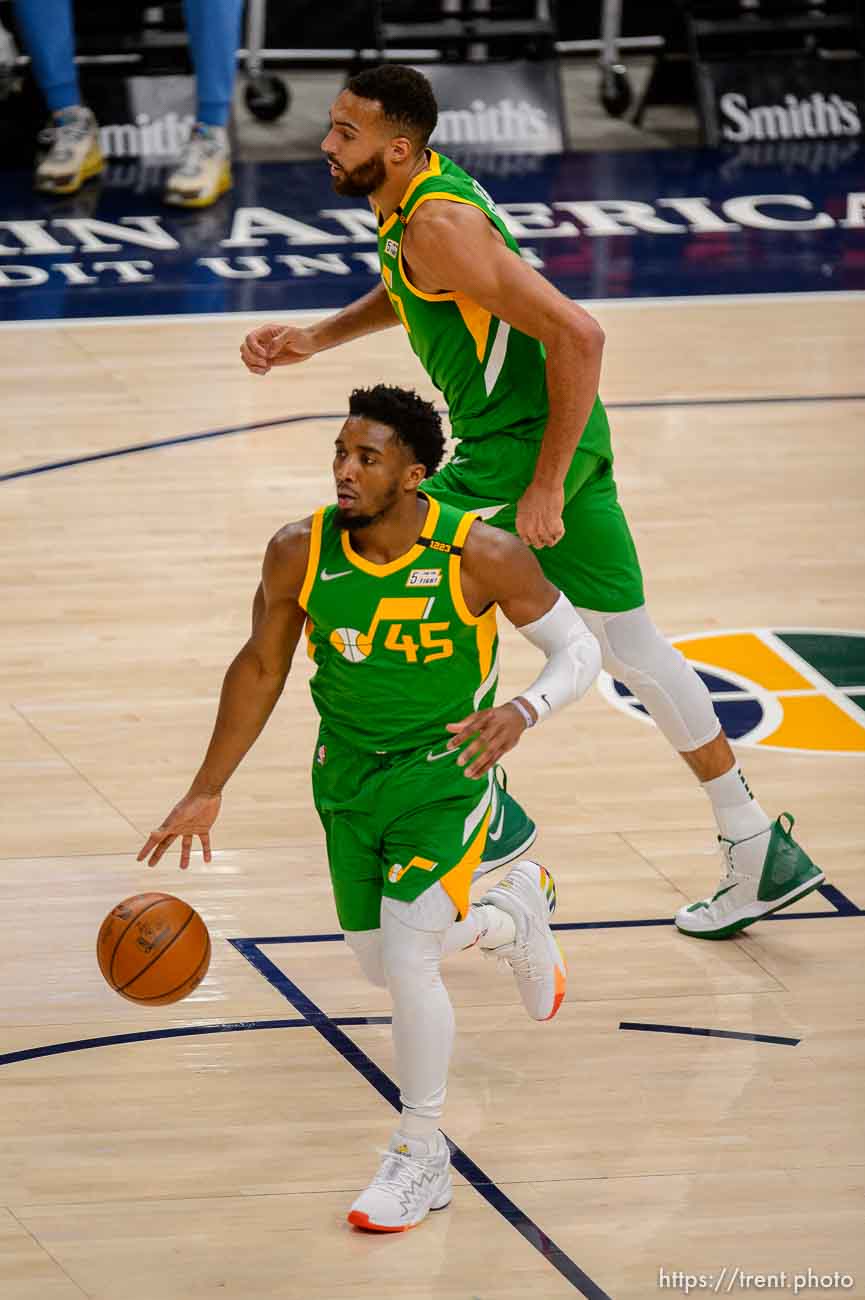 (Trent Nelson  |  The Salt Lake Tribune) Utah Jazz guard Donovan Mitchell (45) and Utah Jazz center Rudy Gobert (27) as the Utah Jazz host the Houston Rockets, NBA basketball in Salt Lake City on Friday, March 12, 2021.