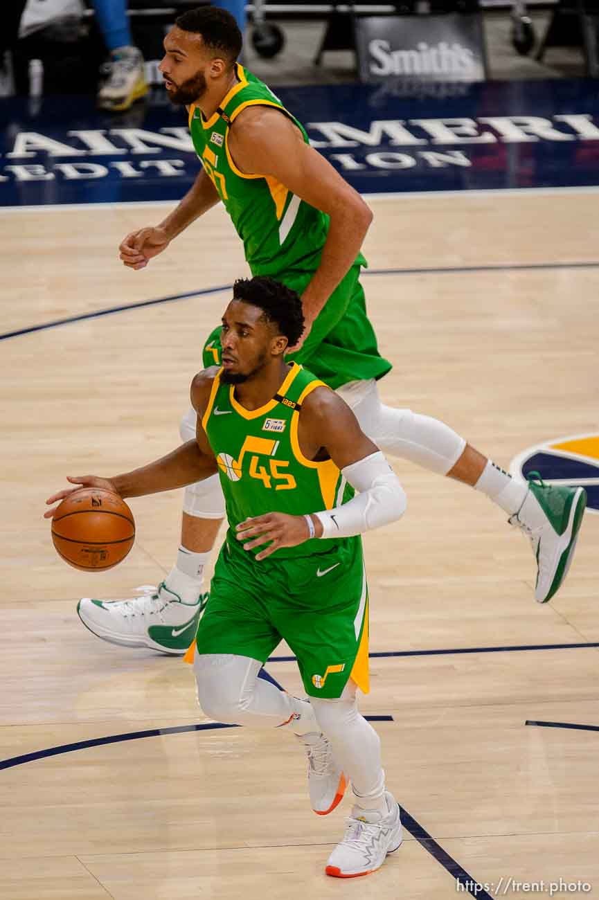 (Trent Nelson  |  The Salt Lake Tribune) Utah Jazz guard Donovan Mitchell (45) and Utah Jazz center Rudy Gobert (27) as the Utah Jazz host the Houston Rockets, NBA basketball in Salt Lake City on Friday, March 12, 2021.