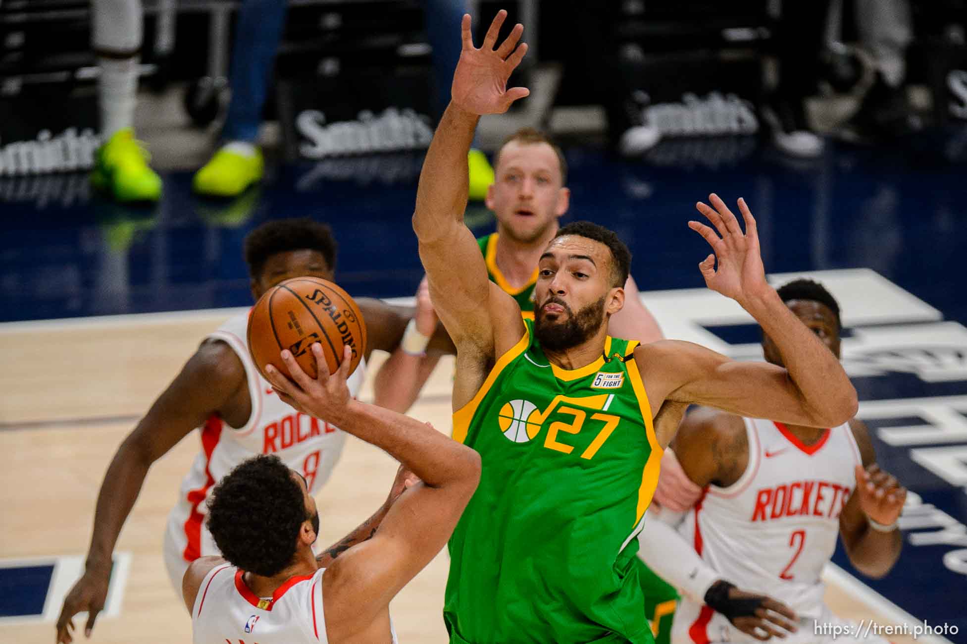 (Trent Nelson  |  The Salt Lake Tribune) Utah Jazz center Rudy Gobert (27) blocks a shot by Houston's Anthony Lamb as the Utah Jazz host the Houston Rockets, NBA basketball in Salt Lake City on Friday, March 12, 2021.