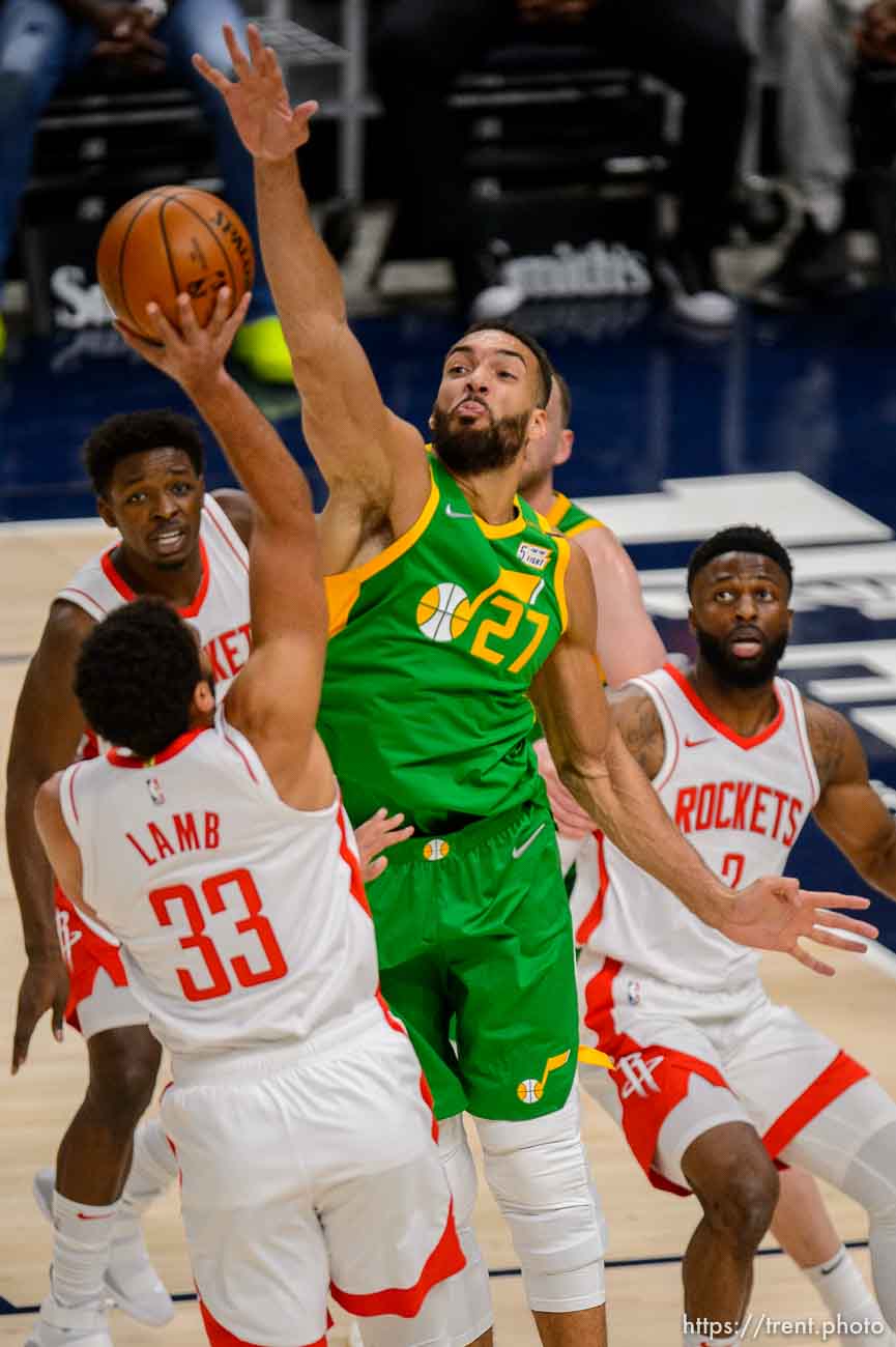 (Trent Nelson  |  The Salt Lake Tribune) Utah Jazz center Rudy Gobert (27) blocks a shot by Houston's Anthony Lamb as the Utah Jazz host the Houston Rockets, NBA basketball in Salt Lake City on Friday, March 12, 2021.