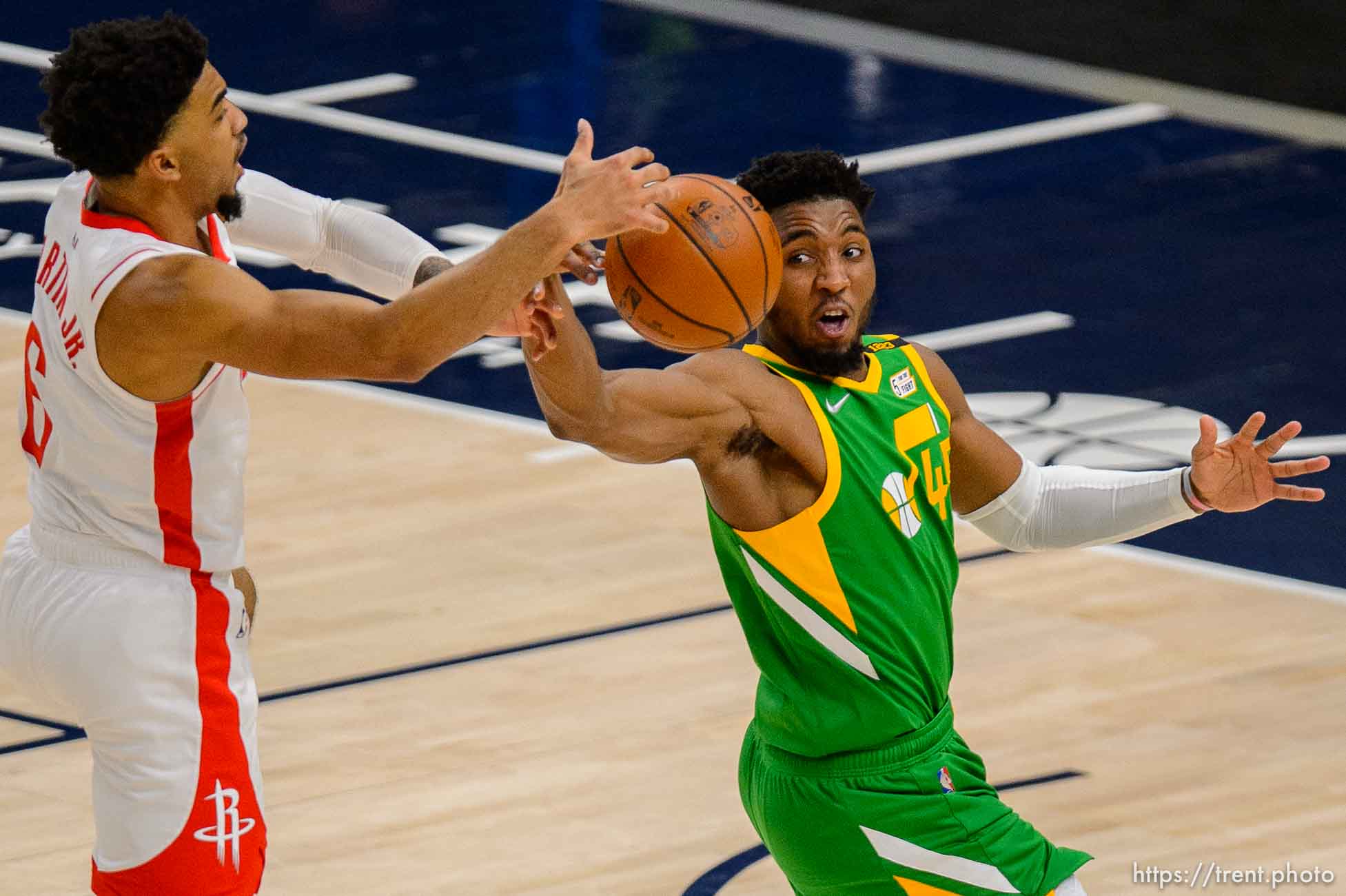 (Trent Nelson  |  The Salt Lake Tribune) Utah Jazz guard Donovan Mitchell (45) steals the ball from Houston Rockets forward Kenyon Martin Jr. (6) as the Utah Jazz host the Houston Rockets, NBA basketball in Salt Lake City on Friday, March 12, 2021.