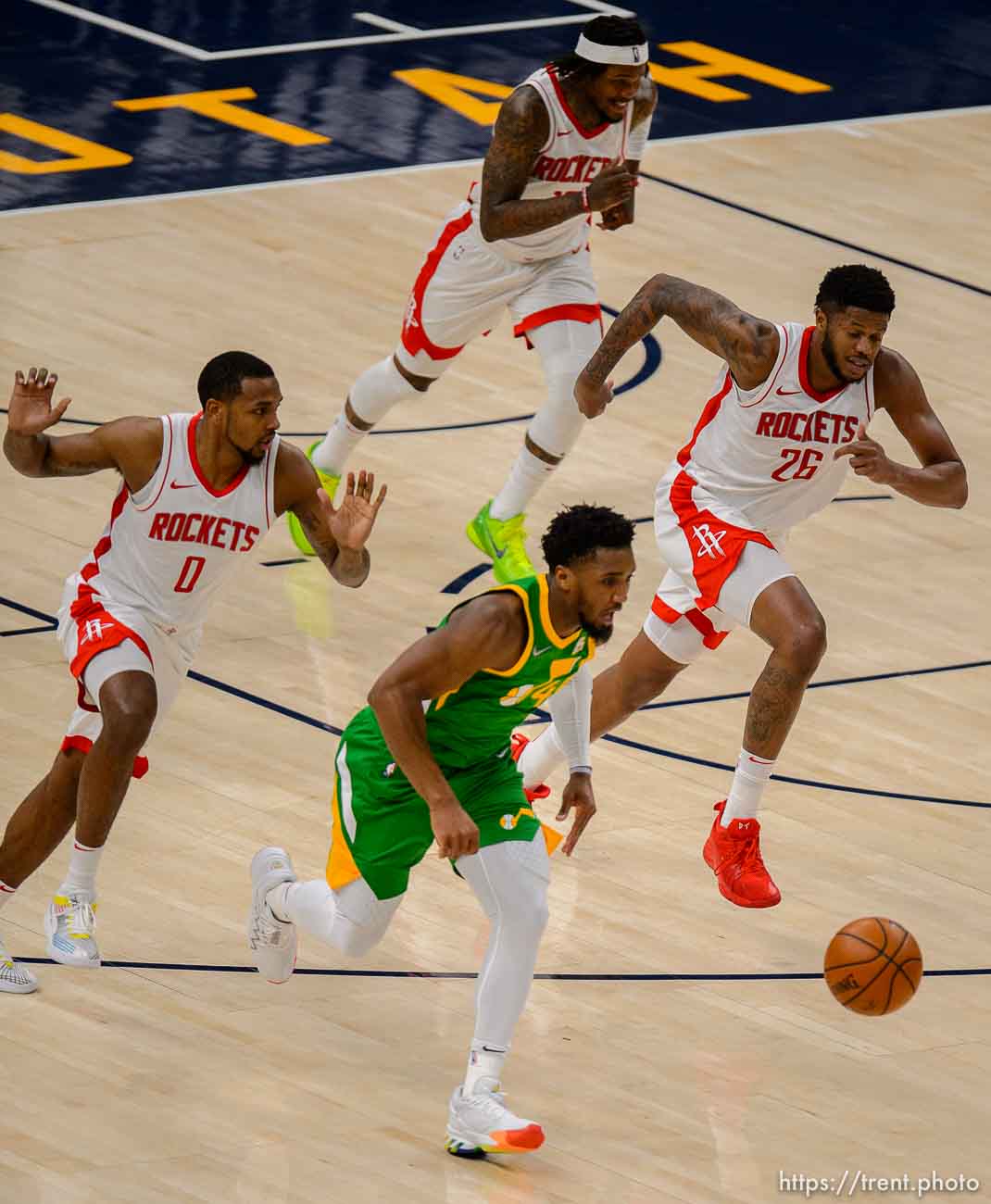 (Trent Nelson  |  The Salt Lake Tribune) Utah Jazz guard Donovan Mitchell (45) as the Utah Jazz host the Houston Rockets, NBA basketball in Salt Lake City on Friday, March 12, 2021.