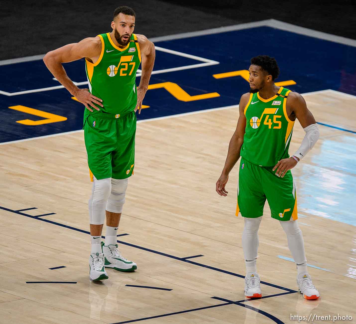 (Trent Nelson  |  The Salt Lake Tribune) Utah Jazz center Rudy Gobert (27) and Utah Jazz guard Donovan Mitchell (45) as the Utah Jazz host the Houston Rockets, NBA basketball in Salt Lake City on Friday, March 12, 2021.