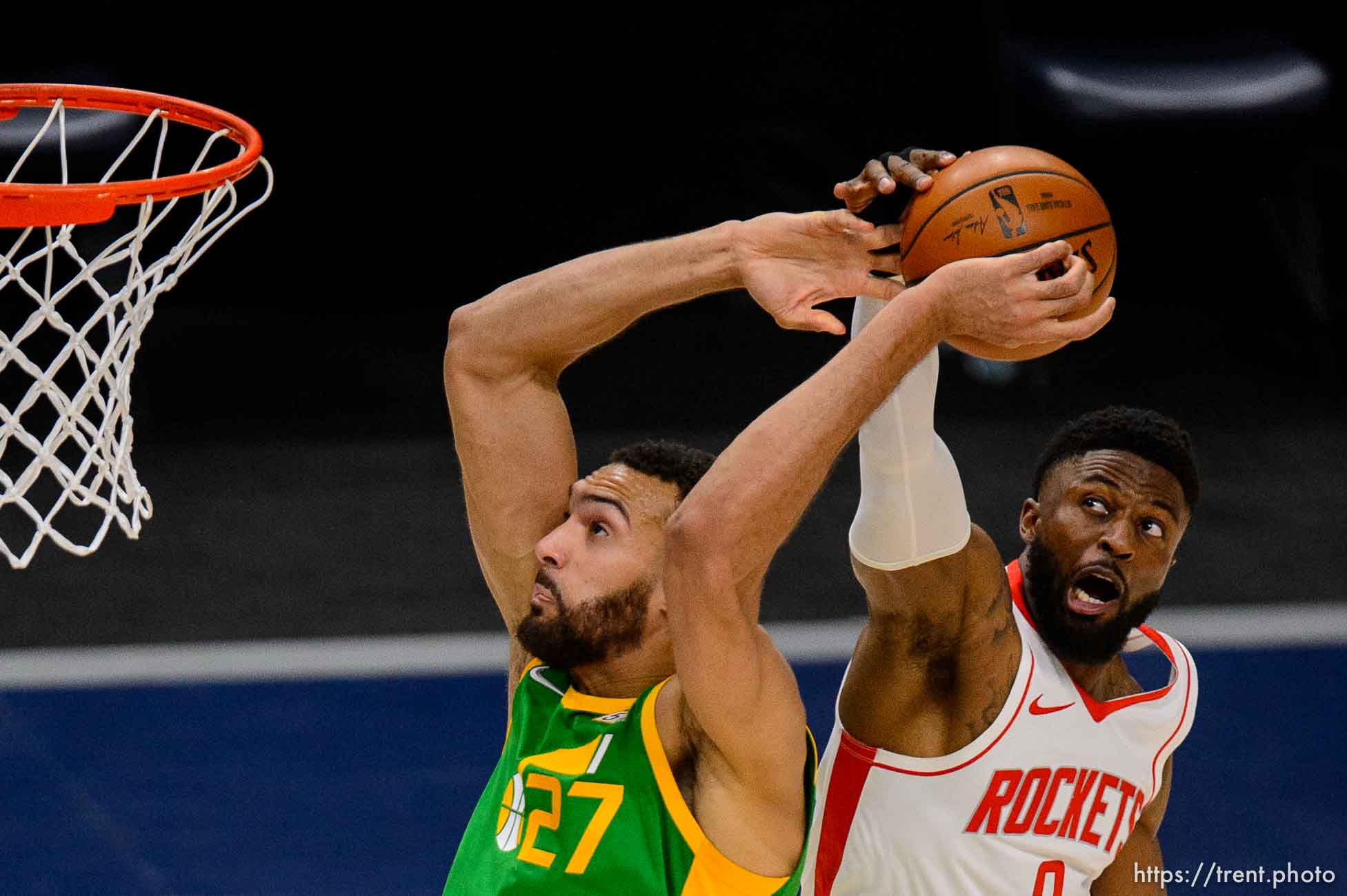 (Trent Nelson  |  The Salt Lake Tribune) Utah Jazz center Rudy Gobert (27) blocked by Houston Rockets guard David Nwaba (2) as the Utah Jazz host the Houston Rockets, NBA basketball in Salt Lake City on Friday, March 12, 2021.