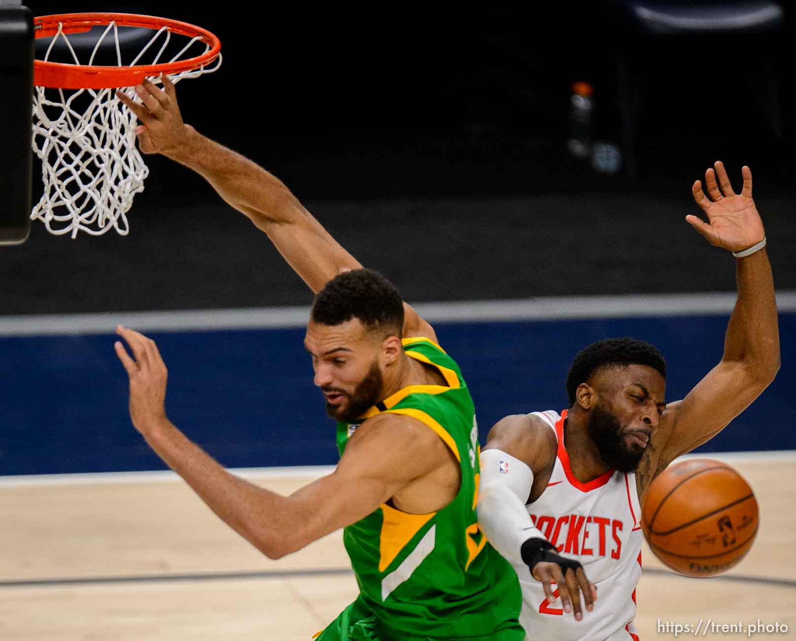 (Trent Nelson  |  The Salt Lake Tribune) Utah Jazz center Rudy Gobert (27) blocked by Houston Rockets guard David Nwaba (2) as the Utah Jazz host the Houston Rockets, NBA basketball in Salt Lake City on Friday, March 12, 2021.