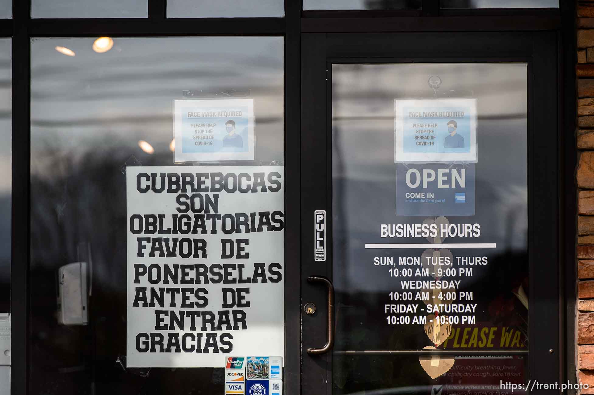 (Trent Nelson  |  The Salt Lake Tribune) A sign calls for mask-wearing at La Hacienda in Salt Lake City on Tuesday, March 16, 2021.