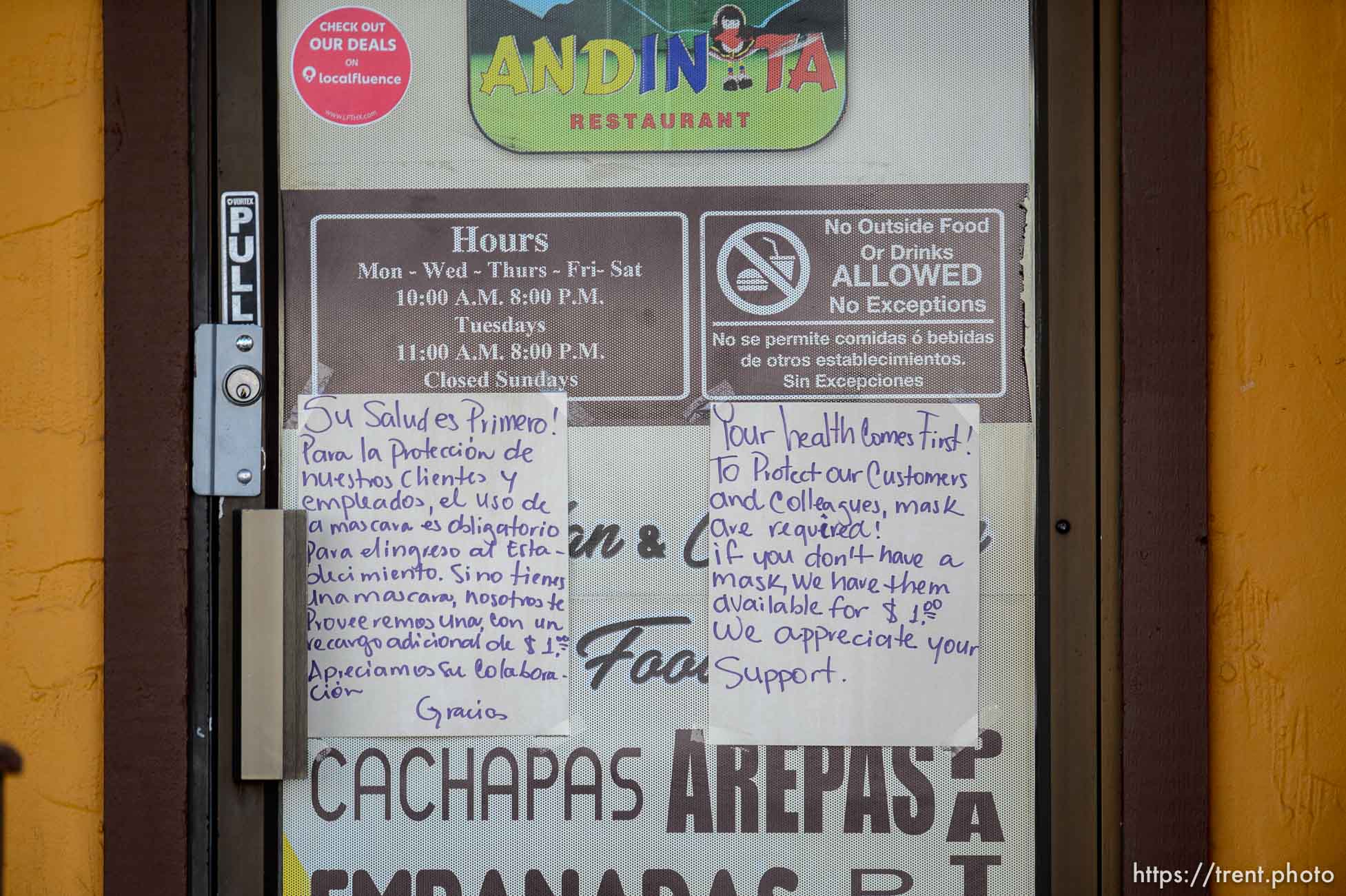 (Trent Nelson  |  The Salt Lake Tribune) Signs indicating masks are required at Andinta Restaurant in Taylorsville on Tuesday, March 16, 2021.