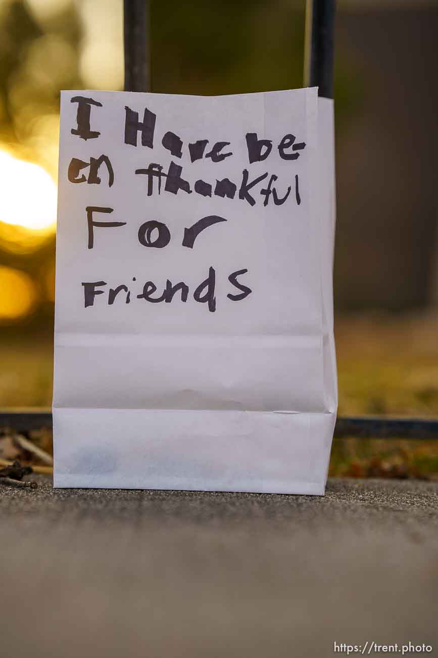 (Trent Nelson  |  The Salt Lake Tribune) One of the 500 luminarias put out by students and teachers at the McGillis School in Salt Lake City, on Wednesday, March 17, 2021. The luminarias each have a message of gratitude and hope or a reflection on the past year's pandemic