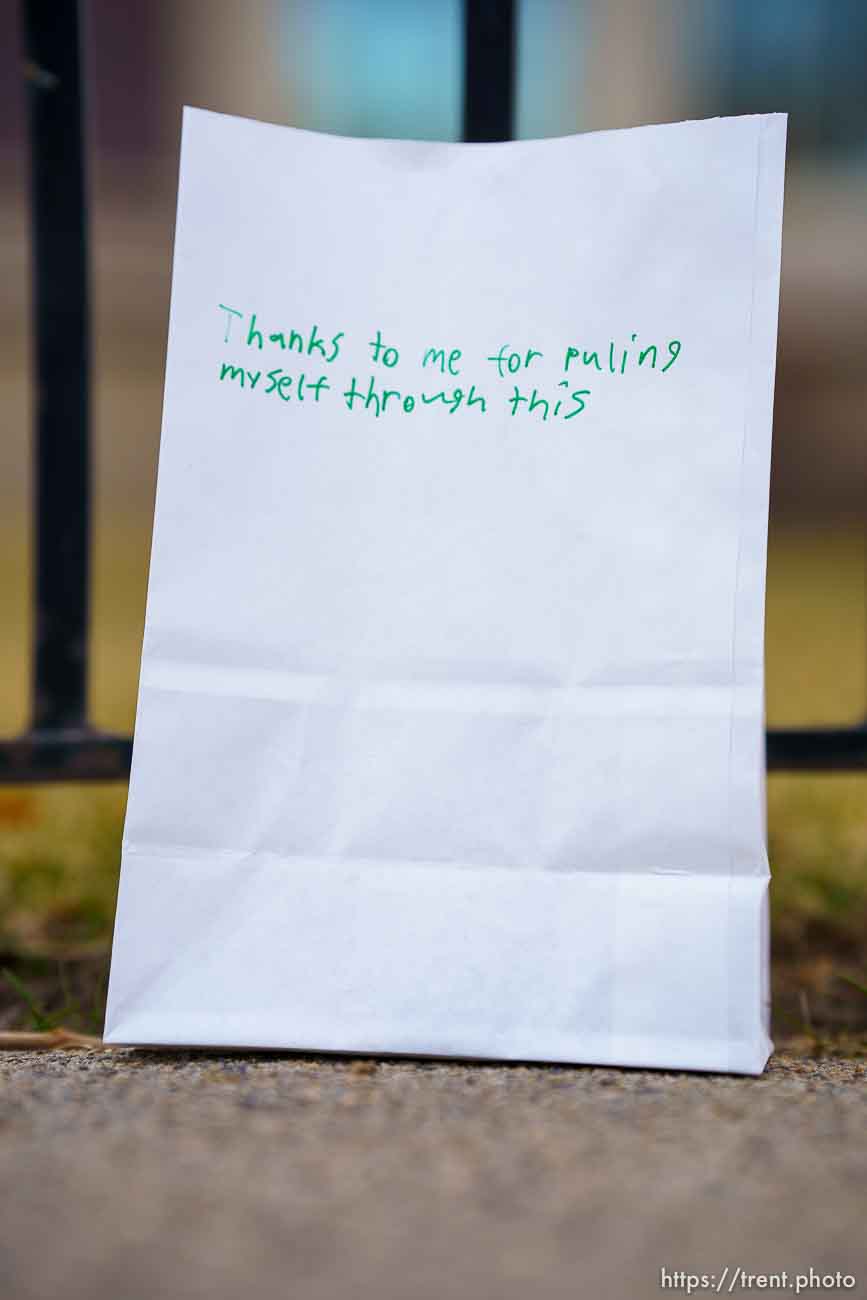 (Trent Nelson  |  The Salt Lake Tribune) One of the 500 luminarias put out by students and teachers at the McGillis School in Salt Lake City, on Wednesday, March 17, 2021. The luminarias each have a message of gratitude and hope or a reflection on the past year's pandemic