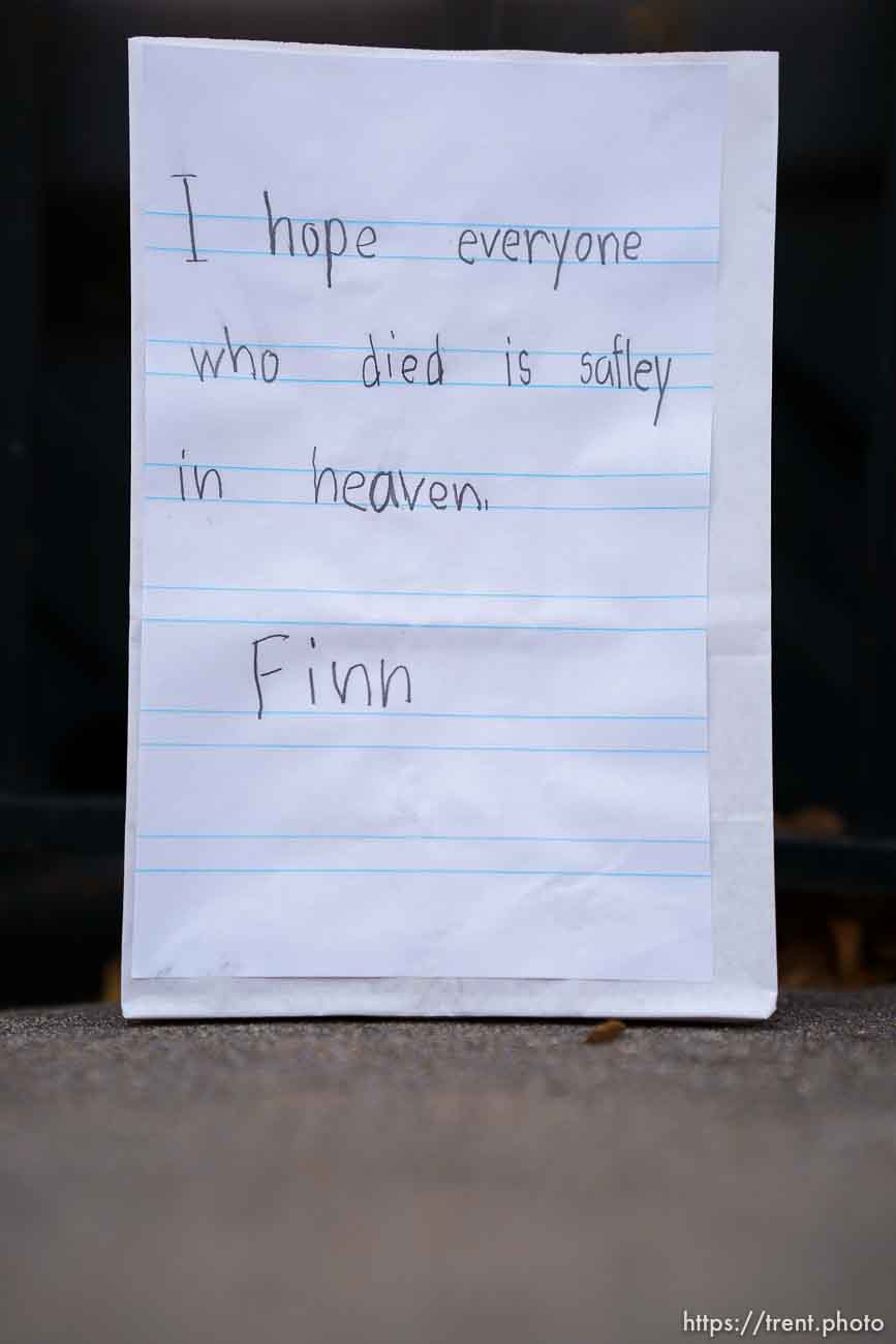 (Trent Nelson  |  The Salt Lake Tribune) One of the 500 luminarias put out by students and teachers at the McGillis School in Salt Lake City, on Wednesday, March 17, 2021. The luminarias each have a message of gratitude and hope or a reflection on the past year's pandemic