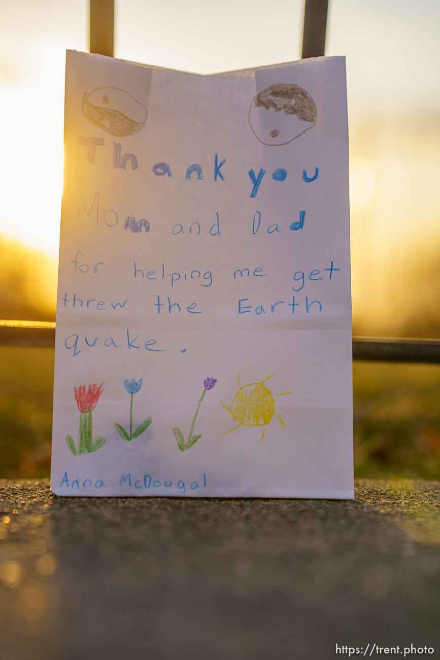 (Trent Nelson  |  The Salt Lake Tribune) One of the 500 luminarias put out by students and teachers at the McGillis School in Salt Lake City, on Wednesday, March 17, 2021. The luminarias each have a message of gratitude and hope or a reflection on the past year's pandemic