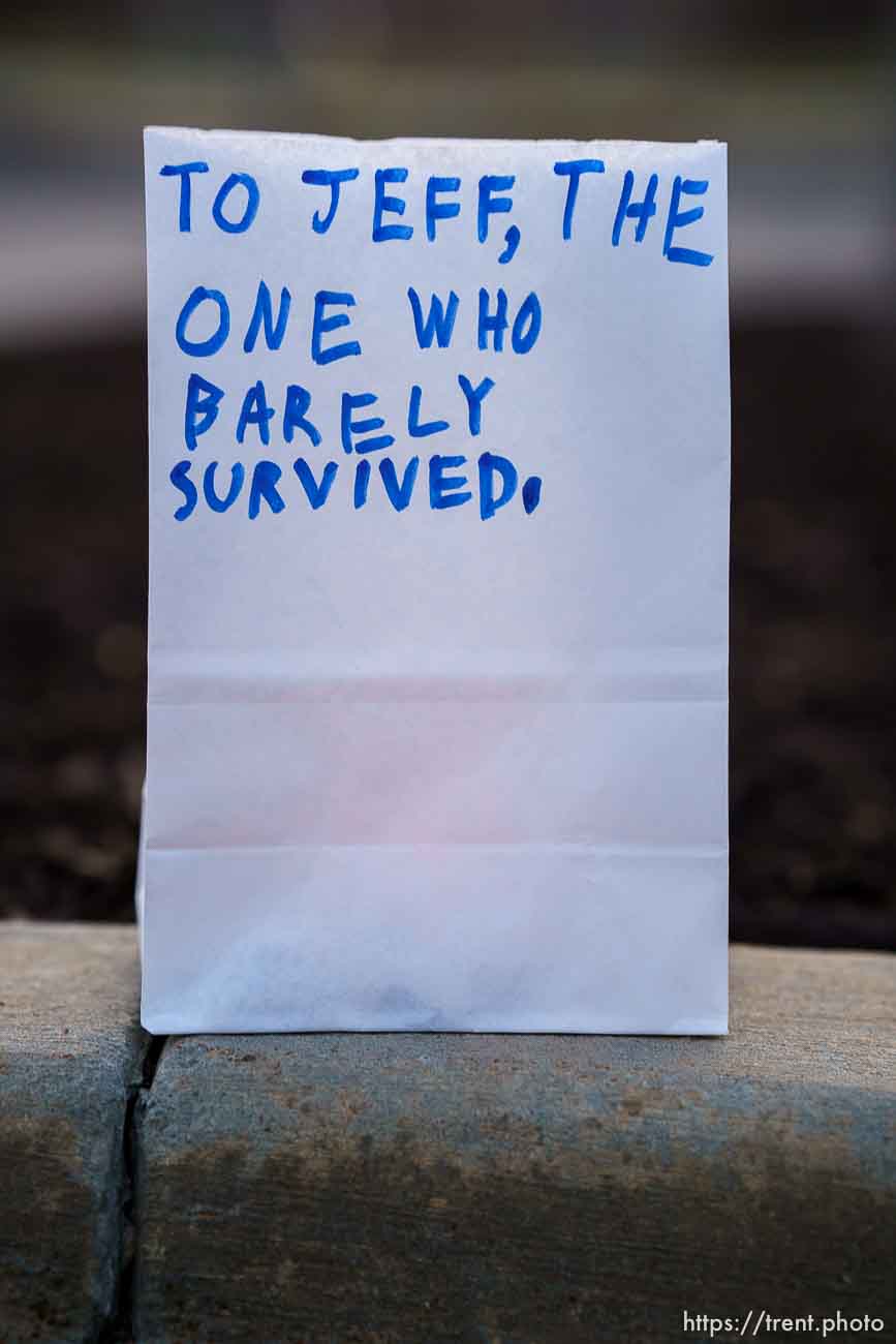 (Trent Nelson  |  The Salt Lake Tribune) One of the 500 luminarias put out by students and teachers at the McGillis School in Salt Lake City, on Wednesday, March 17, 2021. The luminarias each have a message of gratitude and hope or a reflection on the past year's pandemic. To Jeff, the one who barely survived.