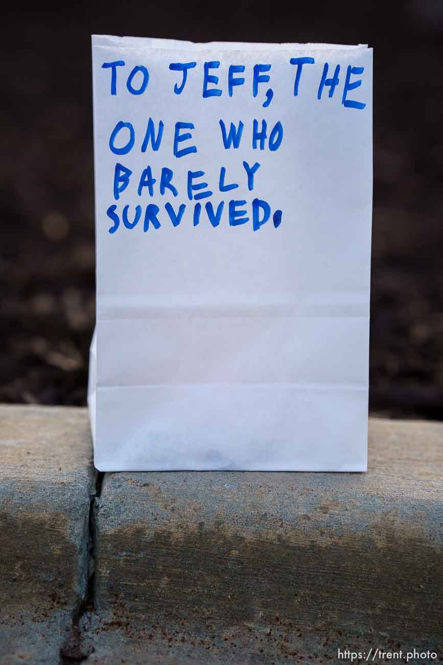 (Trent Nelson  |  The Salt Lake Tribune) One of the 500 luminarias put out by students and teachers at the McGillis School in Salt Lake City, on Wednesday, March 17, 2021. The luminarias each have a message of gratitude and hope or a reflection on the past year's pandemic. To Jeff, the one who barely survived.