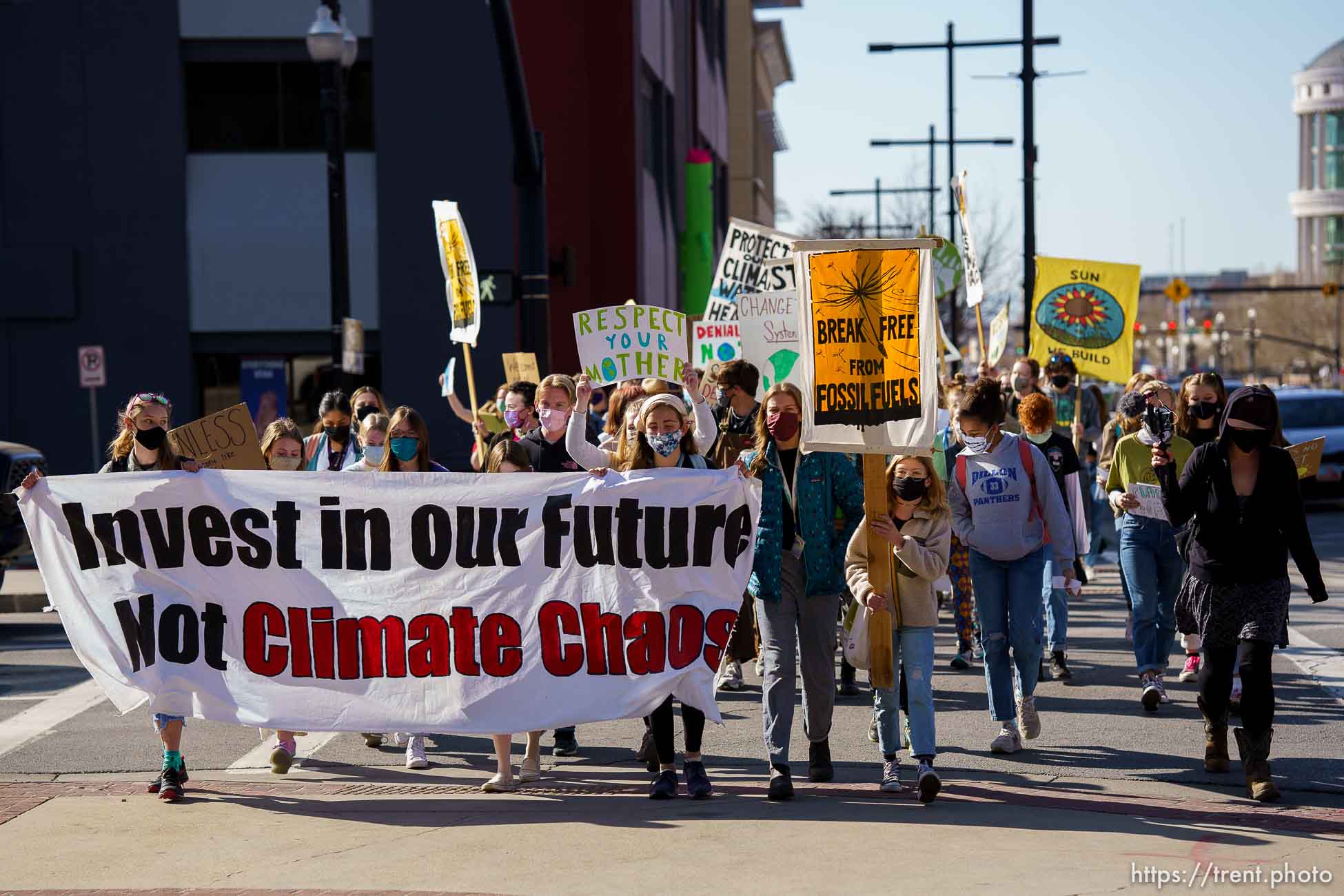 (Trent Nelson  |  The Salt Lake Tribune) Students march to the state Capitol in Salt Lake City to protest inaction on the climate crisis on Friday, March 19, 2021.