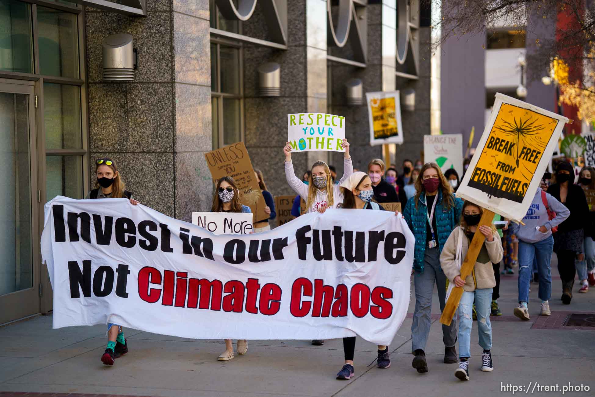 (Trent Nelson  |  The Salt Lake Tribune) Students march to the state Capitol in Salt Lake City to protest inaction on the climate crisis on Friday, March 19, 2021.