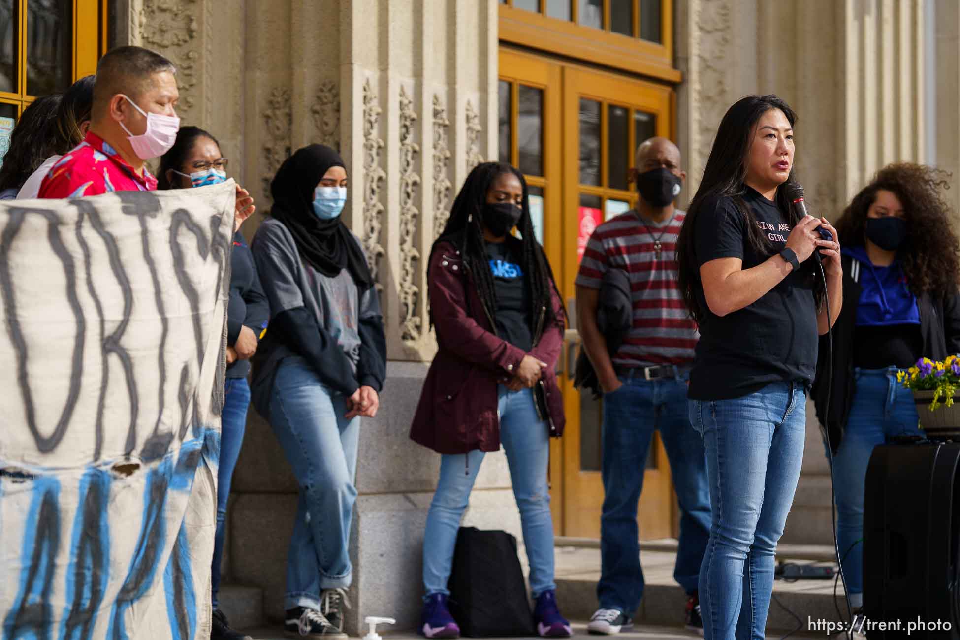 (Trent Nelson  |  The Salt Lake Tribune) Dr. Kathryn Kay Coquemont speaks during a vigil for the victims of the Atlanta shooting, at Salt Lake Community College on Friday, March 19, 2021.