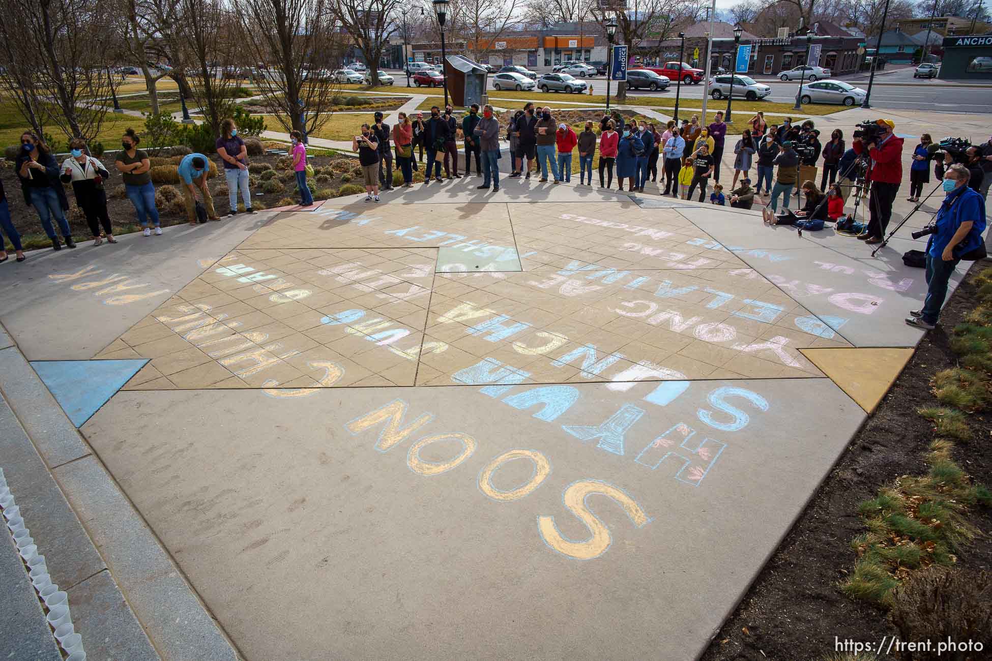 (Trent Nelson  |  The Salt Lake Tribune) The names of victims in the recent Atlanta shootings are written in chalk at Salt Lake Community College during a Peace & Justice Vigil on Friday, March 19, 2021.