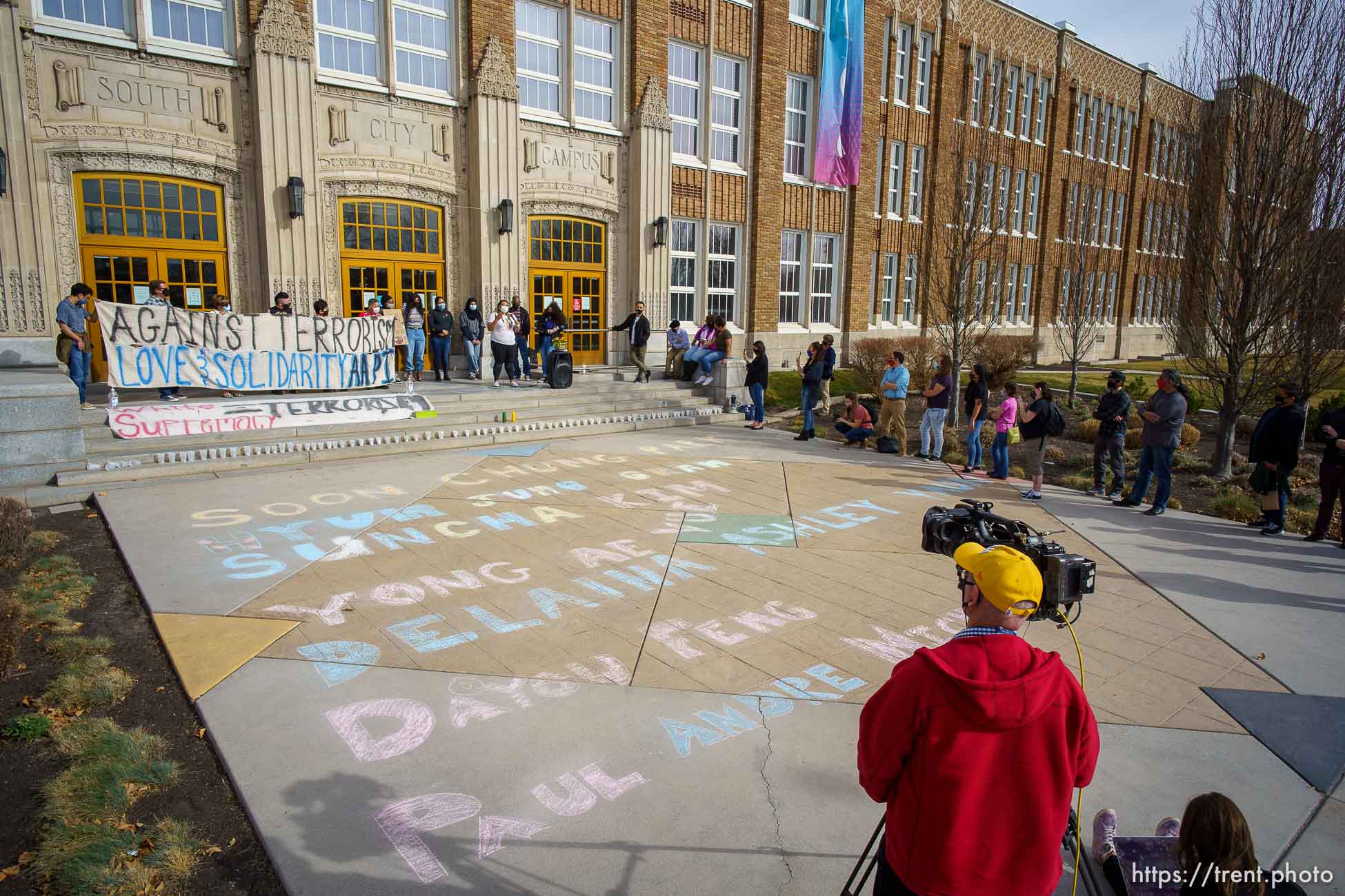 (Trent Nelson  |  The Salt Lake Tribune) The names of victims in the recent Atlanta shootings are written in chalk at Salt Lake Community College during a Peace & Justice Vigil on Friday, March 19, 2021.