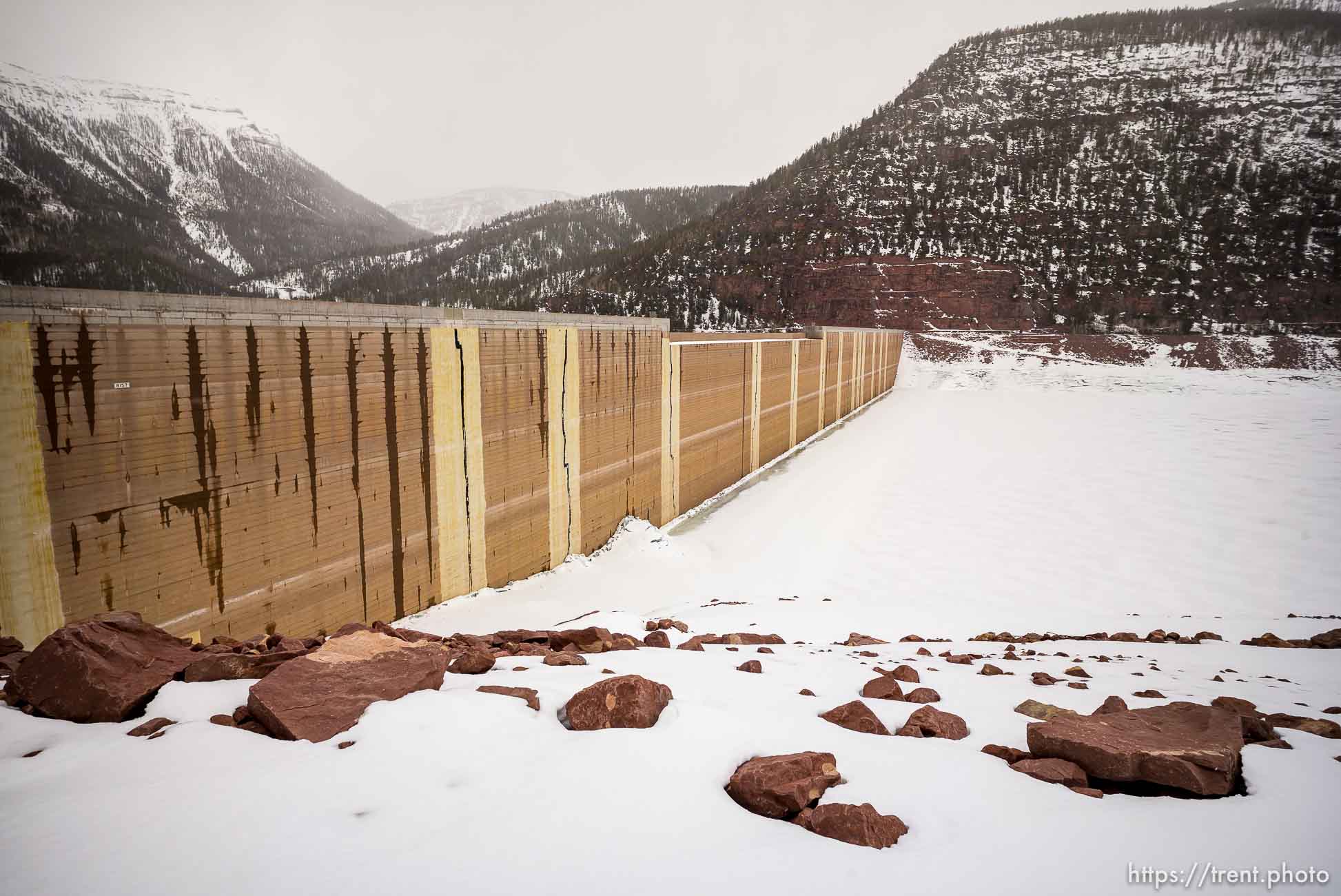 (Trent Nelson | The Salt Lake Tribune) Water level and snowpack at Upper Stillwater Dam on Saturday, March 20, 2021.