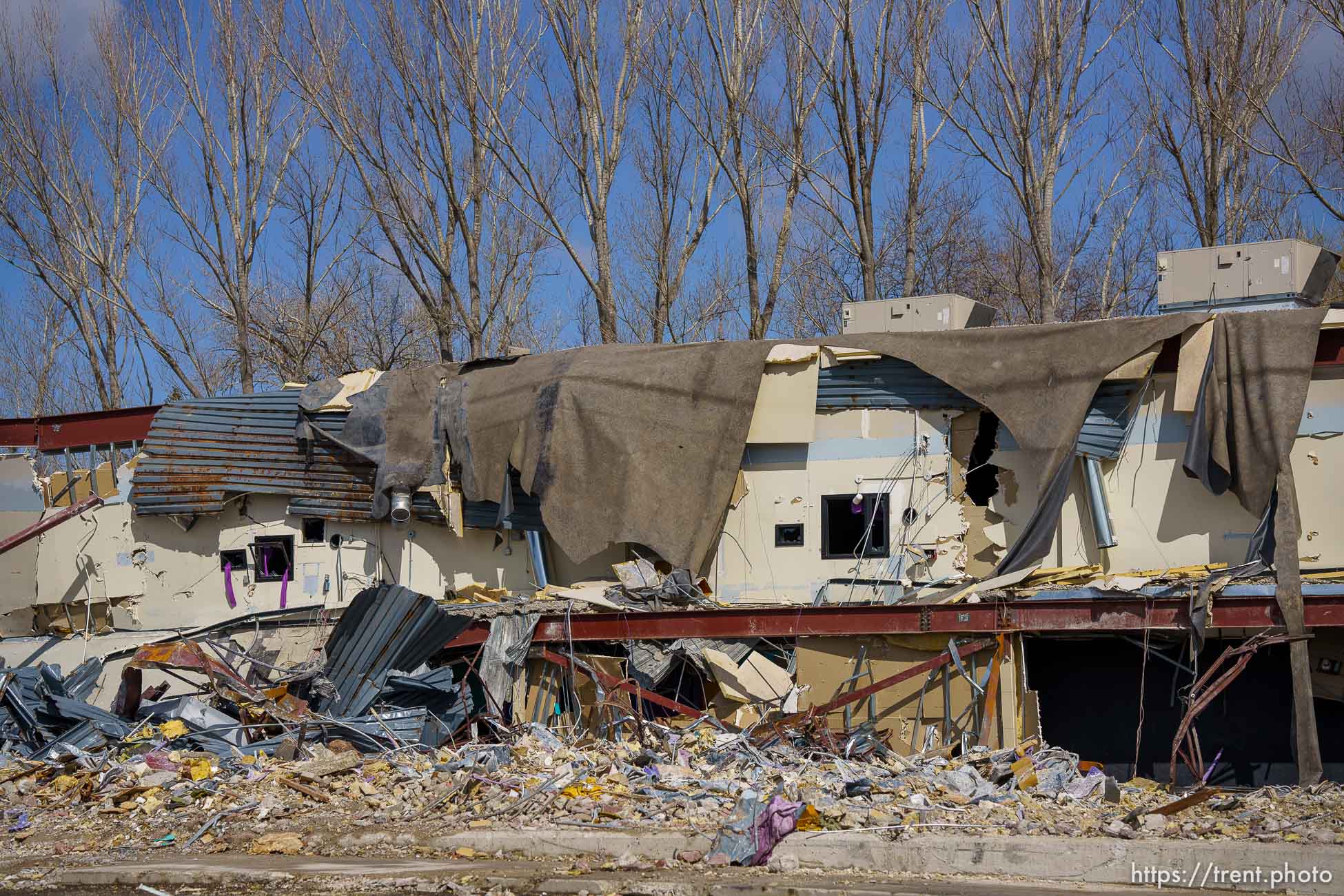 (Trent Nelson  |  The Salt Lake Tribune) Movies 8 in the now-defunct Plum Tree shopping center in Provo is demolished to make way for a new development on Tuesday, March 23, 2021.