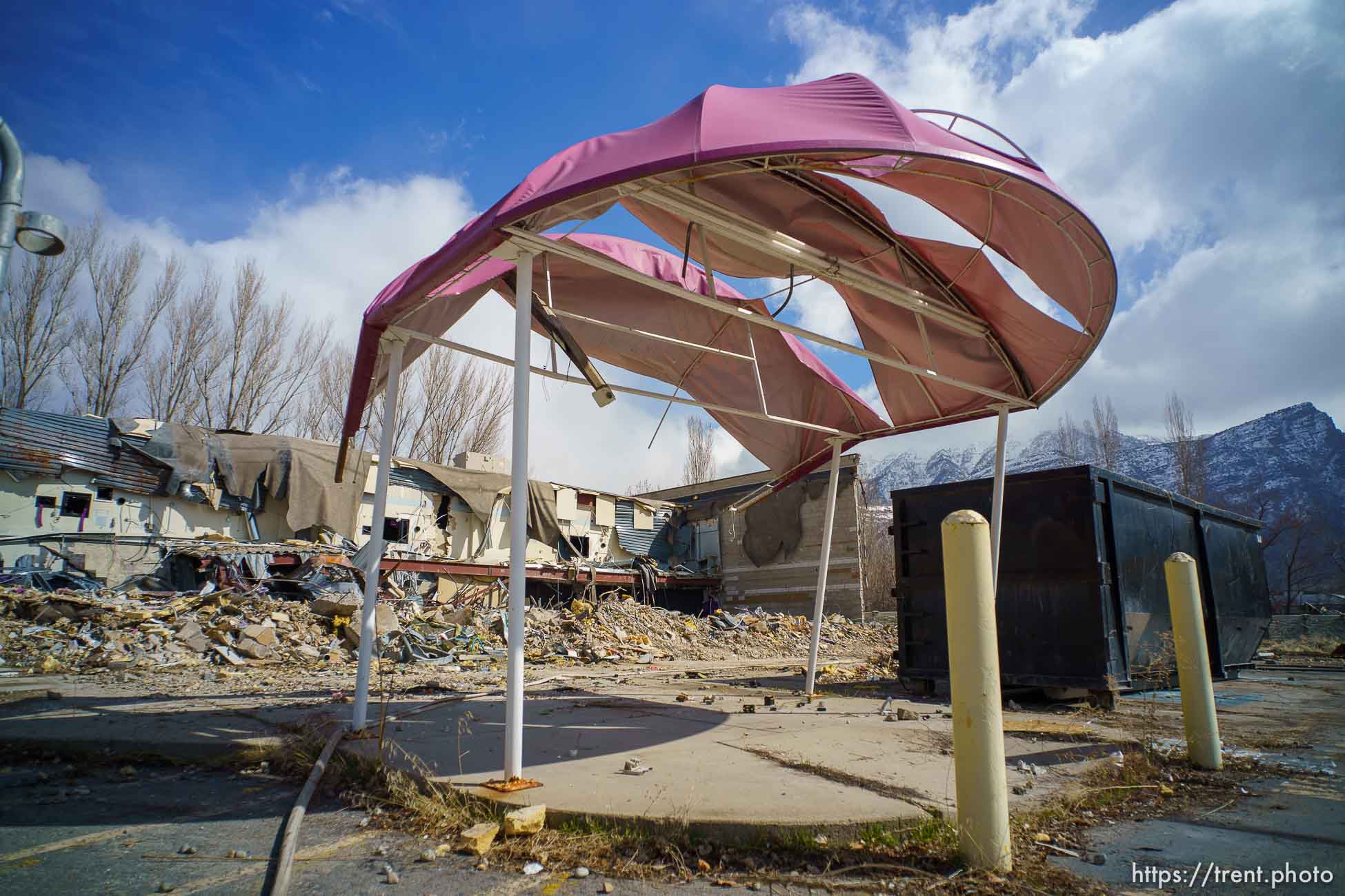 (Trent Nelson  |  The Salt Lake Tribune) Movies 8 in the now-defunct Plum Tree shopping center in Provo is demolished to make way for a new development on Tuesday, March 23, 2021.