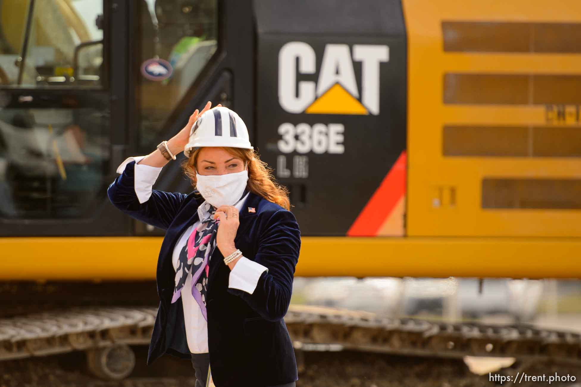 (Trent Nelson  |  The Salt Lake Tribune) Provo Mayor Michelle Kaufusi prepares to take a chunk out of what was a Shopko in the now-defunct Plum Tree shopping center in Provo is demolished to make way for a new development on Tuesday, March 23, 2021.