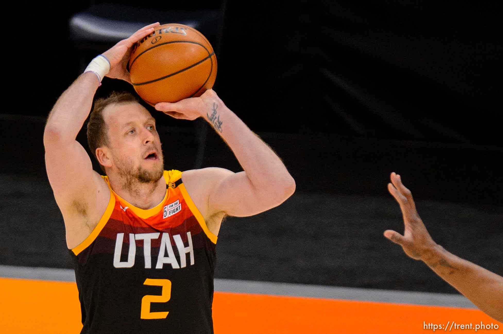 (Trent Nelson  |  The Salt Lake Tribune) Utah Jazz guard Joe Ingles (2) shoots as the Utah Jazz host the Brooklyn Nets, NBA basketball in Salt Lake City on Wednesday, March 24, 2021.