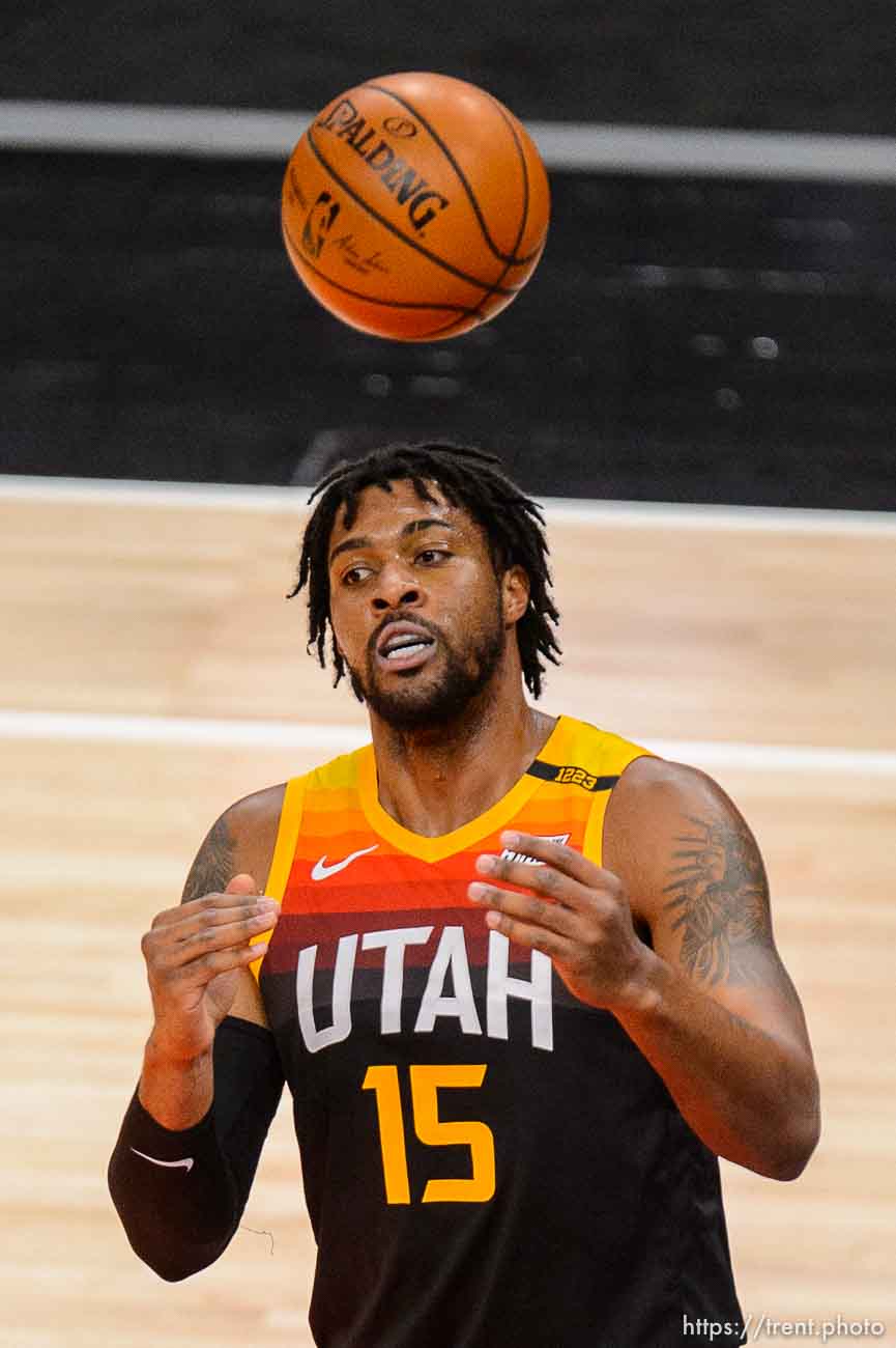 (Trent Nelson  |  The Salt Lake Tribune) Utah Jazz center Derrick Favors (15) as the Utah Jazz host the Brooklyn Nets, NBA basketball in Salt Lake City on Wednesday, March 24, 2021.