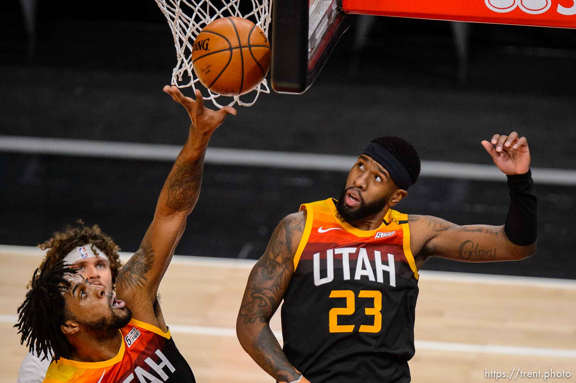 (Trent Nelson  |  The Salt Lake Tribune) Utah Jazz center Derrick Favors (15) and Utah Jazz forward Royce O'Neale (23) as the Utah Jazz host the Brooklyn Nets, NBA basketball in Salt Lake City on Wednesday, March 24, 2021.