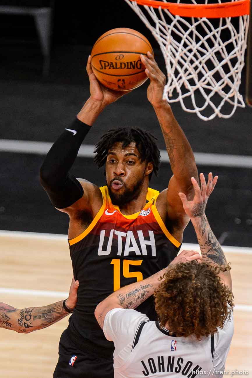 (Trent Nelson  |  The Salt Lake Tribune) Utah Jazz center Derrick Favors (15) passes as the Utah Jazz host the Brooklyn Nets, NBA basketball in Salt Lake City on Wednesday, March 24, 2021.